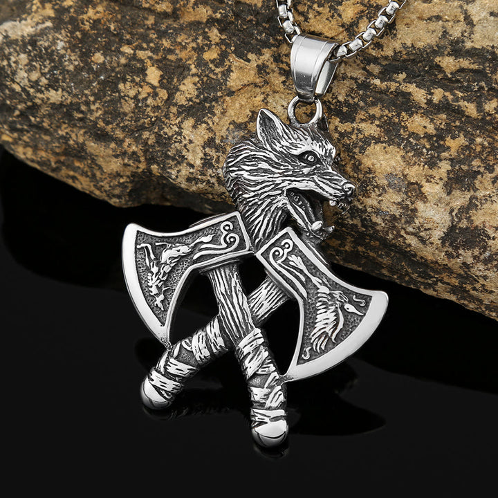 WorldNorse Doppelaxt mit Wolf -Halskette
