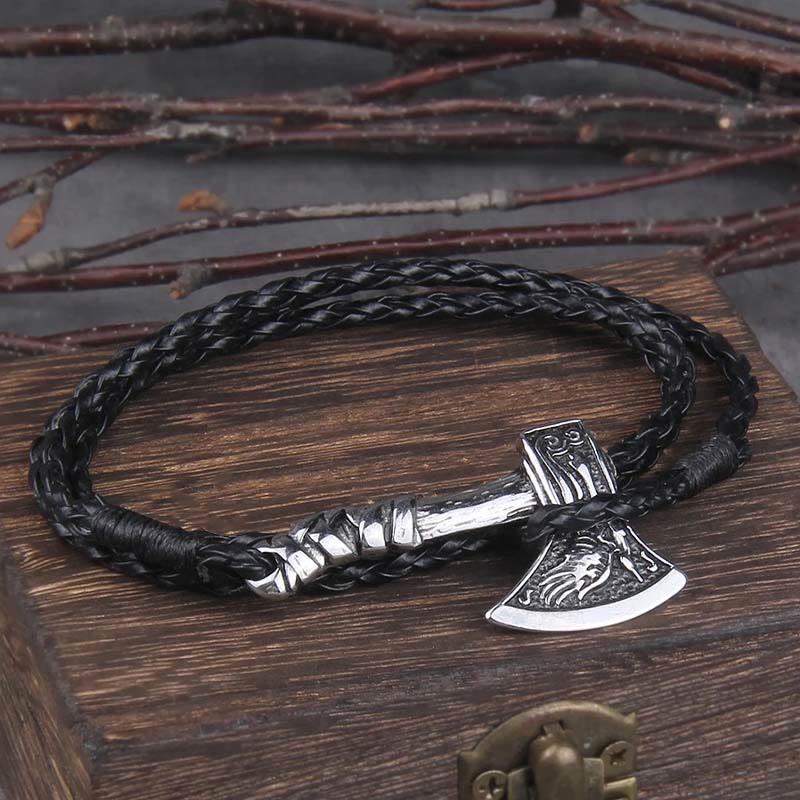WorldNorse Wikinger-Axt-Amulett Valknut , mehrschichtiges Lederarmband
