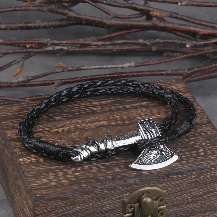 WorldNorse Wikinger-Axt-Amulett Valknut , mehrschichtiges Lederarmband