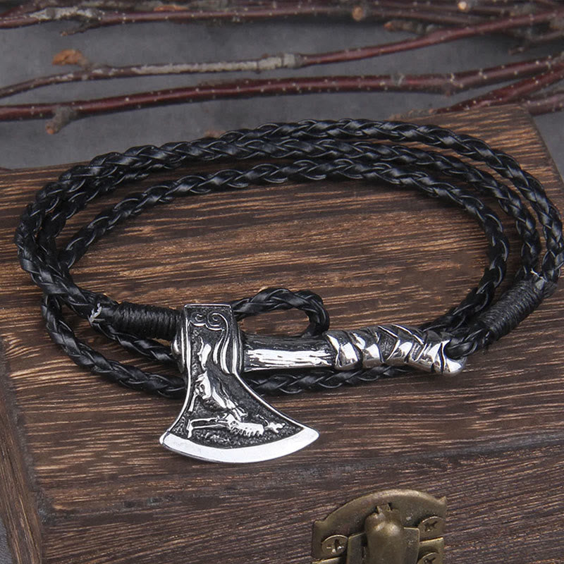 WorldNorse Wikinger-Axt-Amulett Valknut , mehrschichtiges Lederarmband