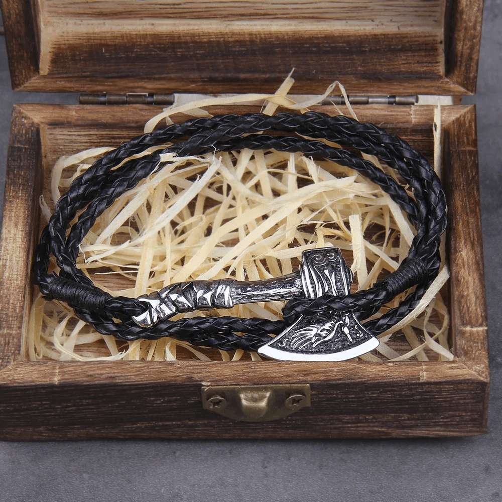 WorldNorse Wikinger-Axt-Amulett Valknut , mehrschichtiges Lederarmband