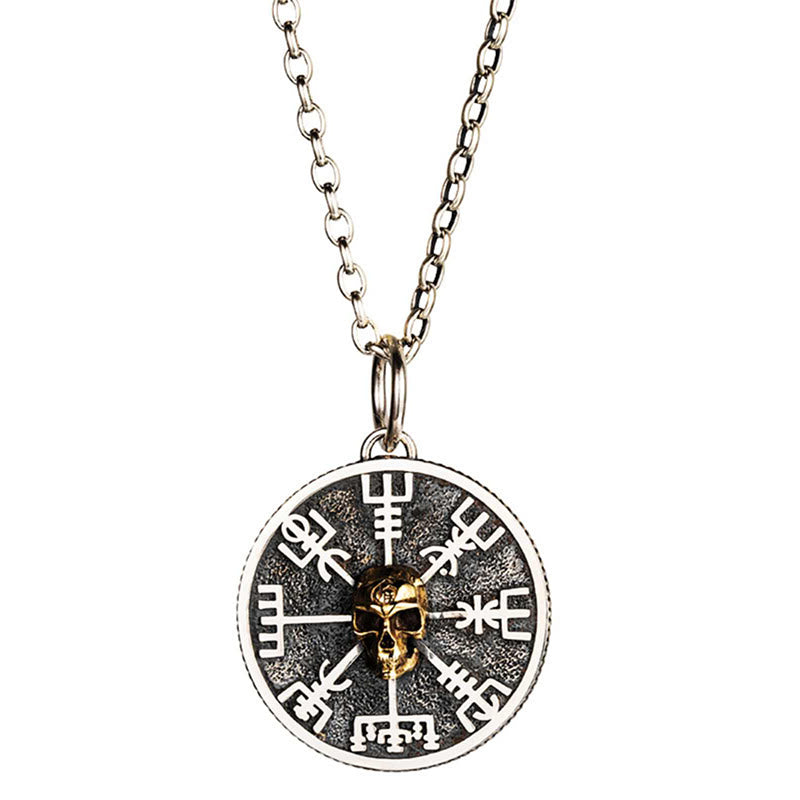 WorldNorse Halskette mit Vegvisir Totenkopf, 925er Sterlingsilber