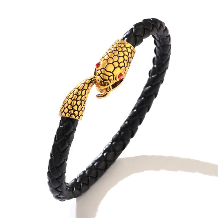 WorldNorse Geflochtenes Lederarmband mit Schlangenkopf und beißendem Schwanz