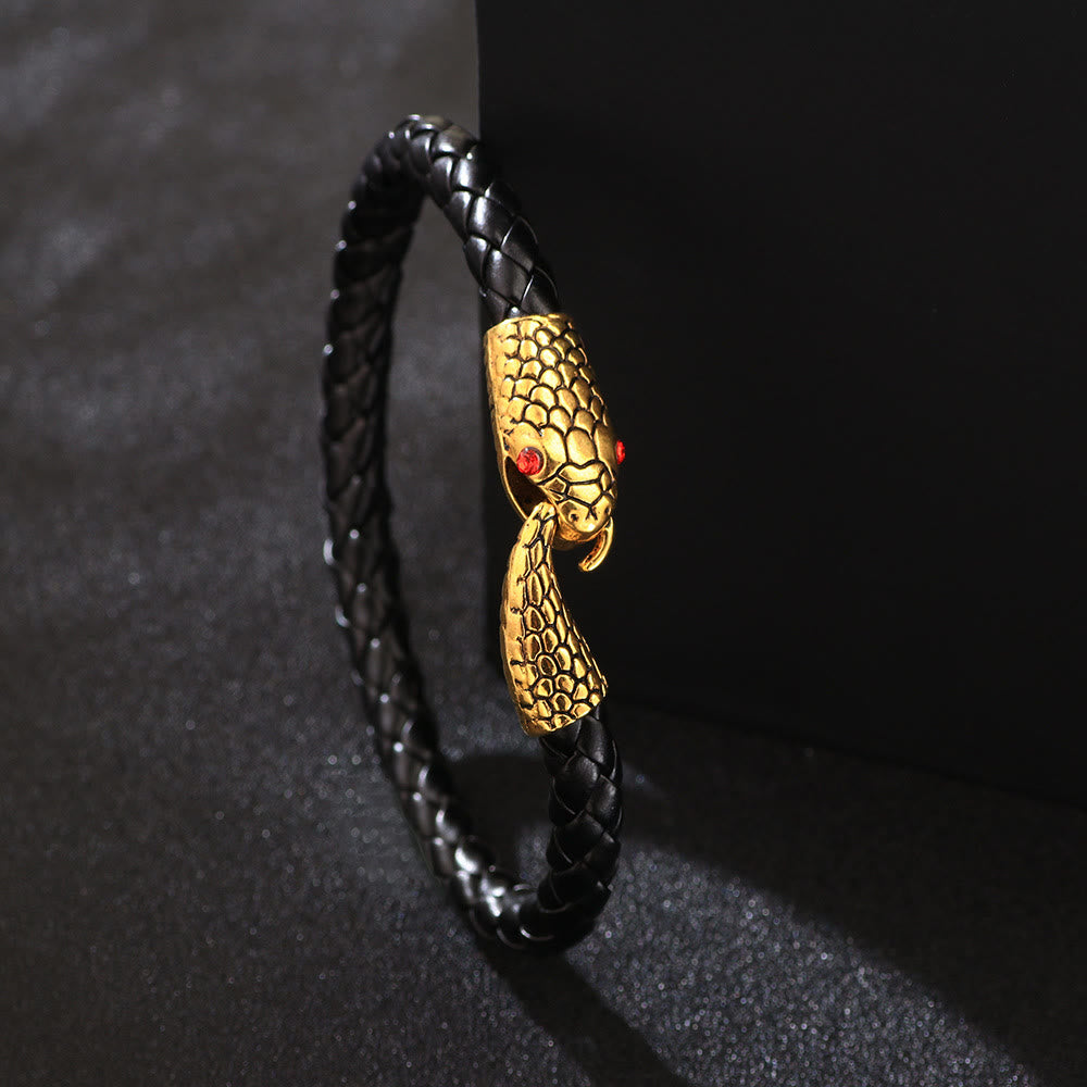 WorldNorse Geflochtenes Lederarmband mit Schlangenkopf und beißendem Schwanz