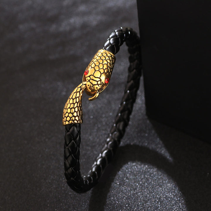 WorldNorse Geflochtenes Lederarmband mit Schlangenkopf und beißendem Schwanz