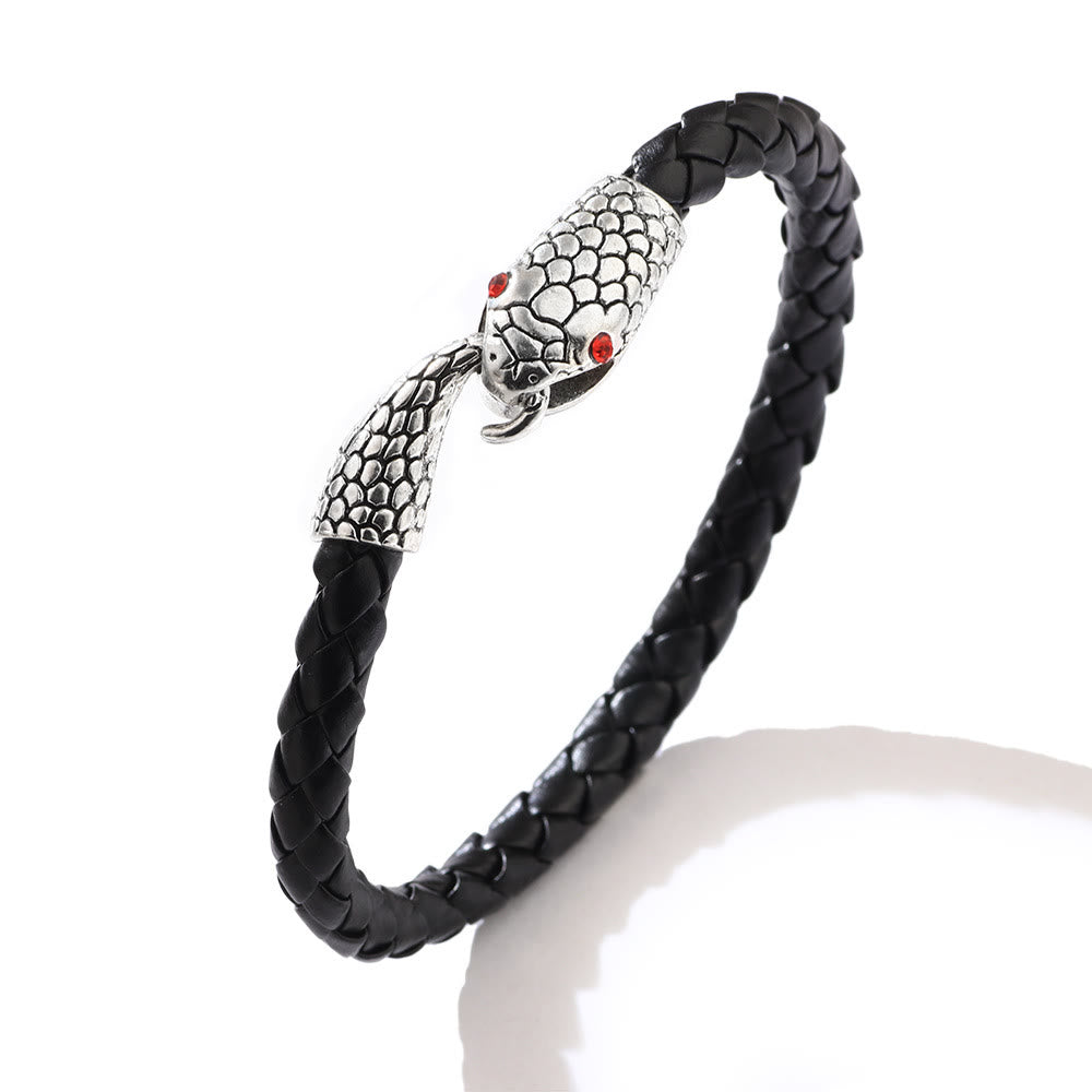 WorldNorse Geflochtenes Lederarmband mit Schlangenkopf und beißendem Schwanz