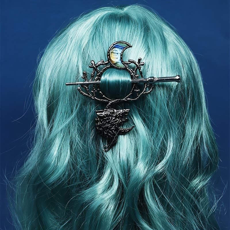 WorldNordische Haarnadel mit Wolf und Halbmond