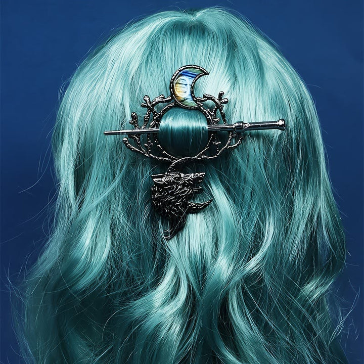 WorldNordische Haarnadel mit Wolf und Halbmond