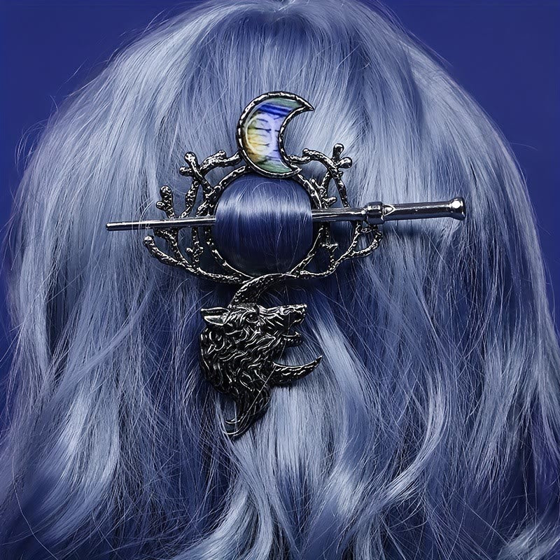 WorldNordische Haarnadel mit Wolf und Halbmond