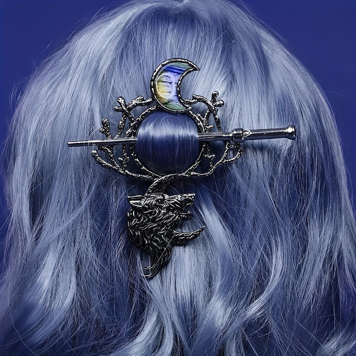 WorldNordische Haarnadel mit Wolf und Halbmond