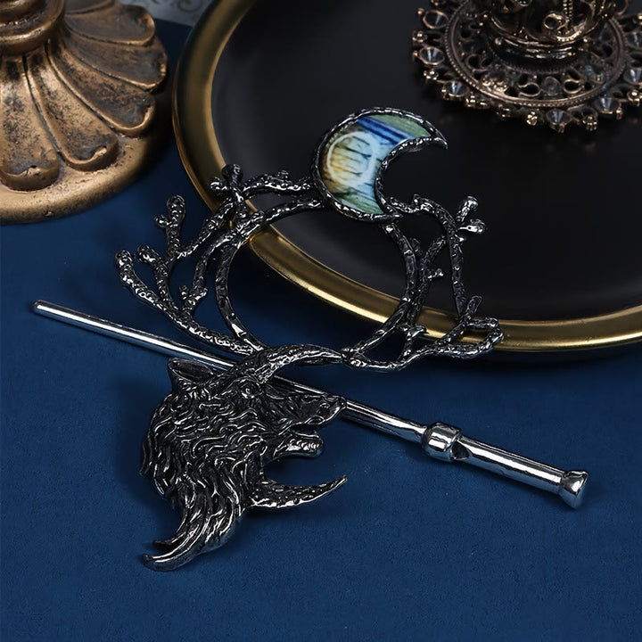 WorldNordische Haarnadel mit Wolf und Halbmond