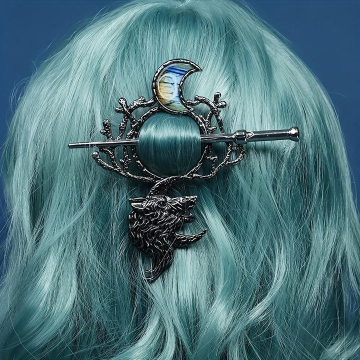 WorldNordische Haarnadel mit Wolf und Halbmond
