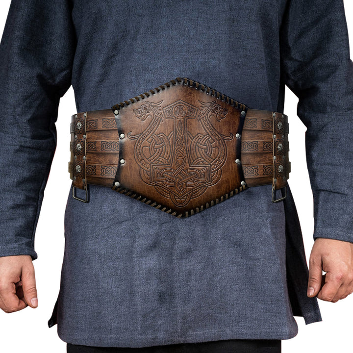 WorldNorse Nordischer Drache Mjölnir Wölfe Keltischer Knoten Gürtel - Nordischer Drache + Mjölnir - Braun - image 0