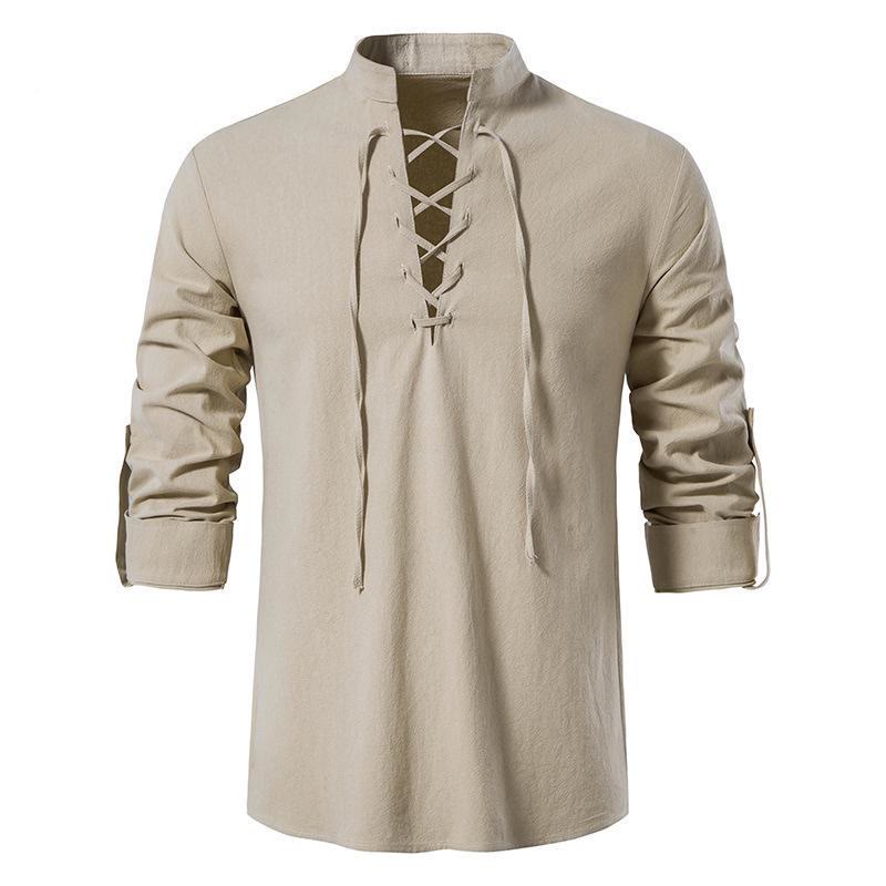 WorldNorse Mittelalterliches Henley-Kostümhemd mit Schnürung - Khaki - 3XL - image 1