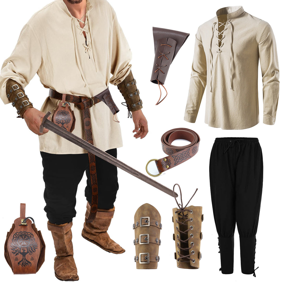 WorldNorse Wikinger Mittelalter Piratenhemd Kostümset - Hemd + Hose + Gürtel + Tasche + Schwertscheide + Handgelenkschutz 1 Paar - 2XL - image 4