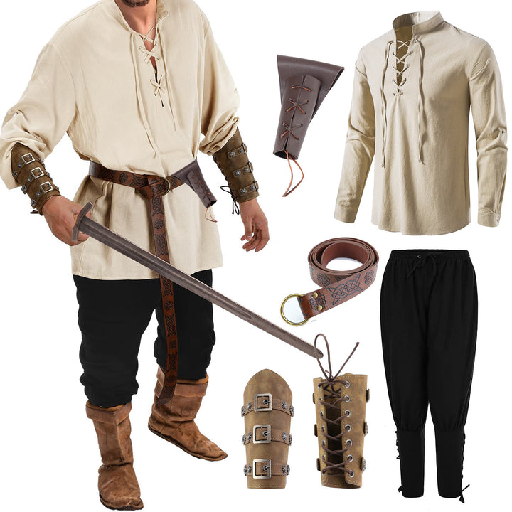 WorldNorse Wikinger Mittelalter Piratenhemd Kostümset - Hemd + Hose + Gürtel + Schwertscheide + Handgelenkschutz 1 Paar - 2XL - image 2