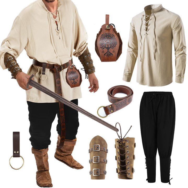 WorldNorse Wikinger Mittelalter Piratenhemd Kostümset - Hemd + Hose + Gürtel + Tasche + Schlüsselanhänger + Handgelenkschutz 1 Paar - 2XL - image 5