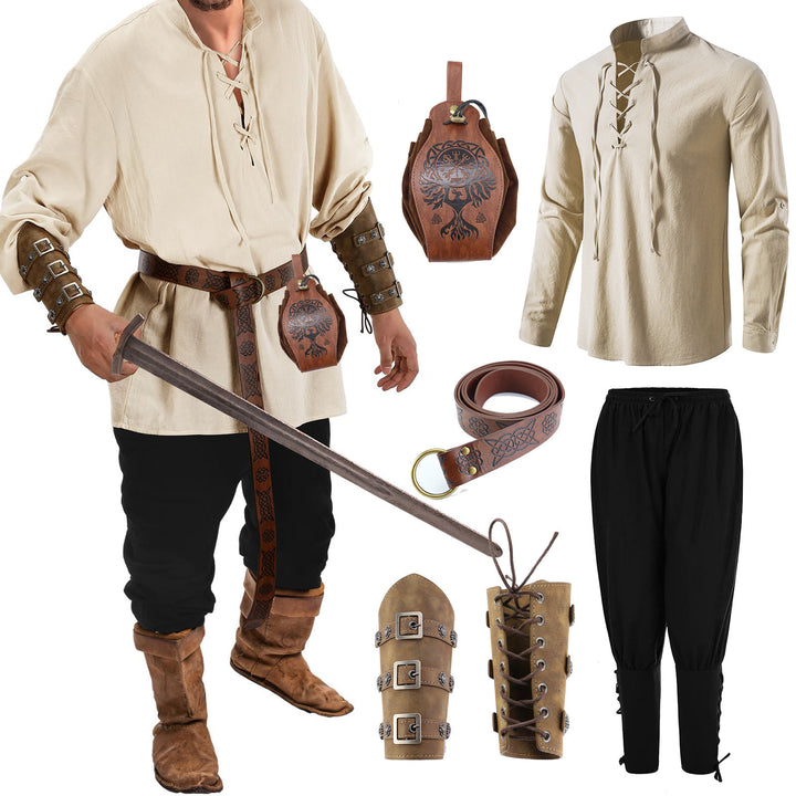 WorldNorse Wikinger Mittelalter Piratenhemd Kostümset - Hemd + Hose + Gürtel + Tasche + Handgelenkschutz 1 Paar - 2XL - image 3