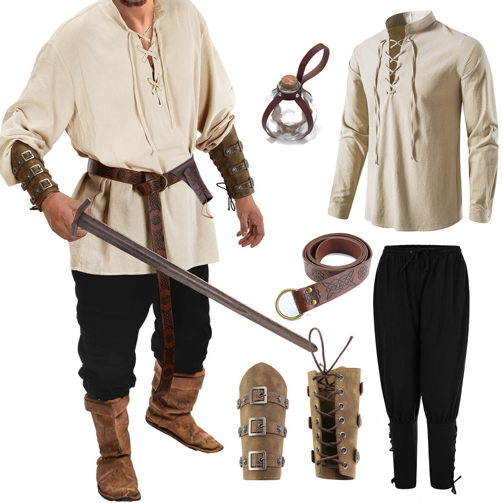 WorldNorse Wikinger Mittelalter Piratenhemd Kostümset - Hemd + Hose + Gürtel + Flasche + Handgelenkschutz 1 Paar - 2XL - image 1