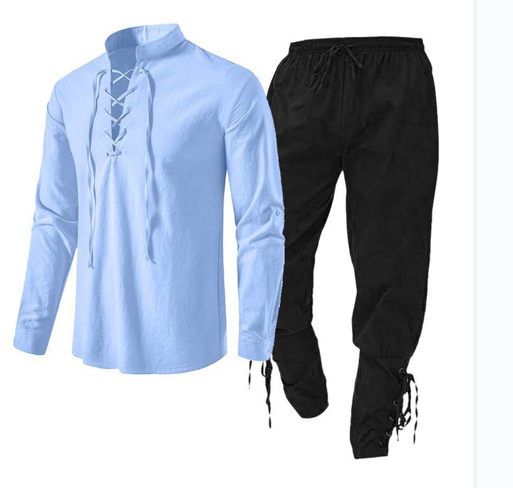 WorldNorse Mittelalterliches Wikinger-Kostümset, 2-teilig - Hellblau + Schwarz Hellblaues Hemd + schwarze Hose - 3XL - image 1
