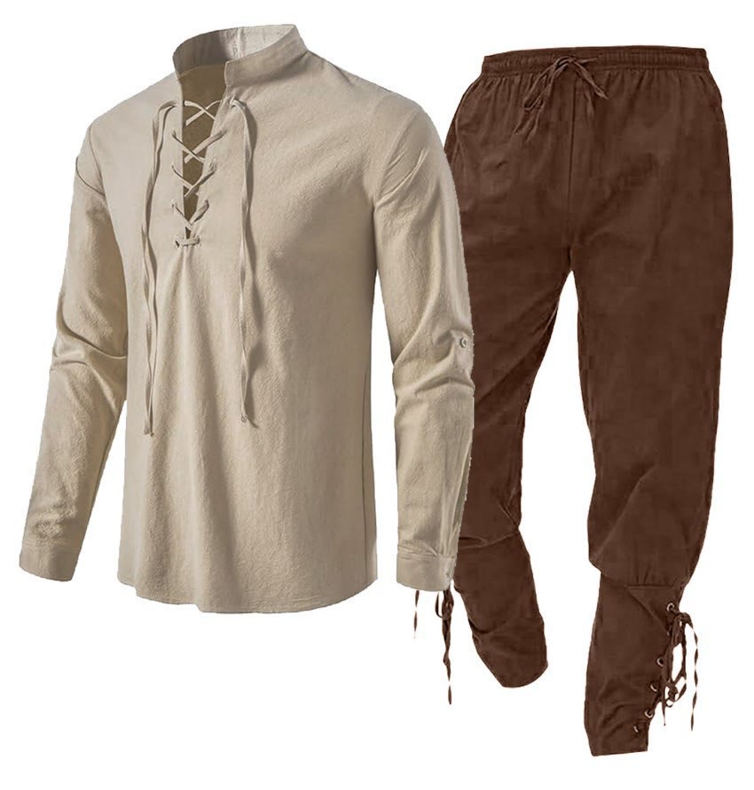 WorldNorse Mittelalterliches Wikinger-Kostümset, 2-teilig - Khakihemd + braune Hose - 3XL - image 2