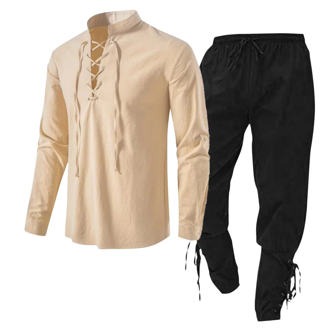 WorldNorse Mittelalterliches Wikinger-Kostümset, 2-teilig - Beiges Hemd + schwarze Hose - 3XL - image 0