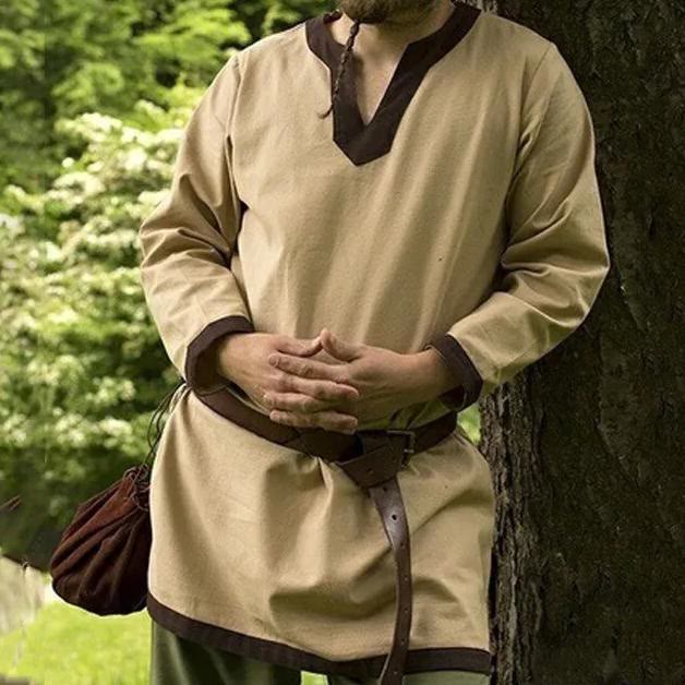 WorldNorse Mittelalterliches Wikinger-Keltiker-Tunika-Kostümhemd - Beige + Braun - 5XL - image 1
