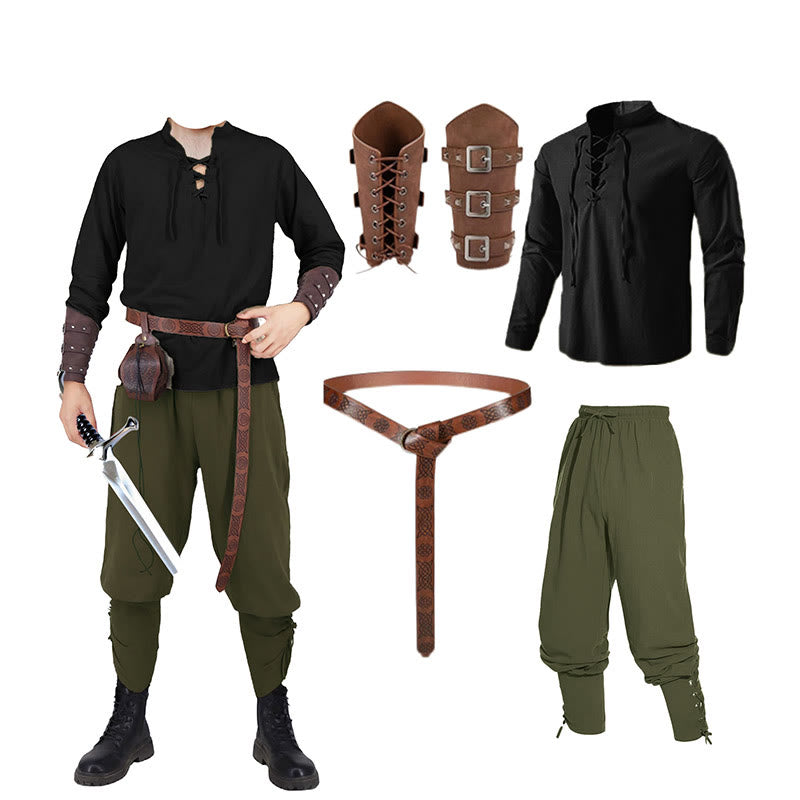 WorldNorse Mittelalterliches nordisches Tunika-Kostümset, 4-teilig - Schwarzes Hemd + grüne Hose + Gürtel + Handgelenkschutz - 3XL - image 10