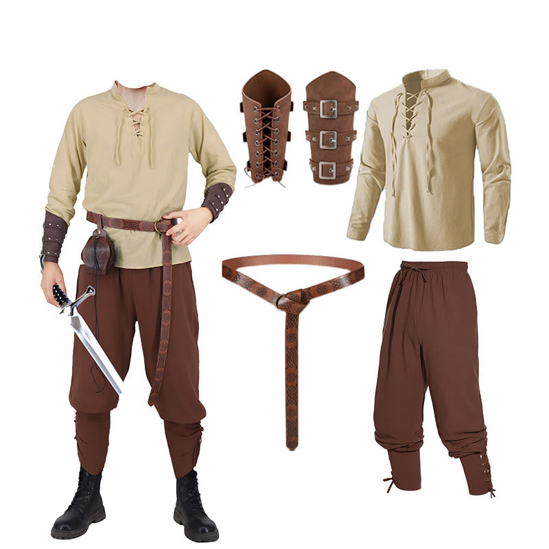 WorldNorse Mittelalterliches nordisches Tunika-Kostümset, 4-teilig - Khakihemd + braune Hose + Gürtel + Handgelenkschutz - 3XL - image 0