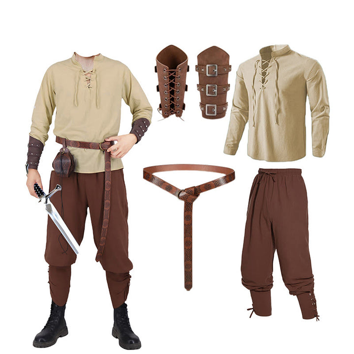 WorldNorse Mittelalterliches nordisches Tunika-Kostümset, 4-teilig - Khakihemd + braune Hose + Gürtel + Handgelenkschutz - 3XL - image 0