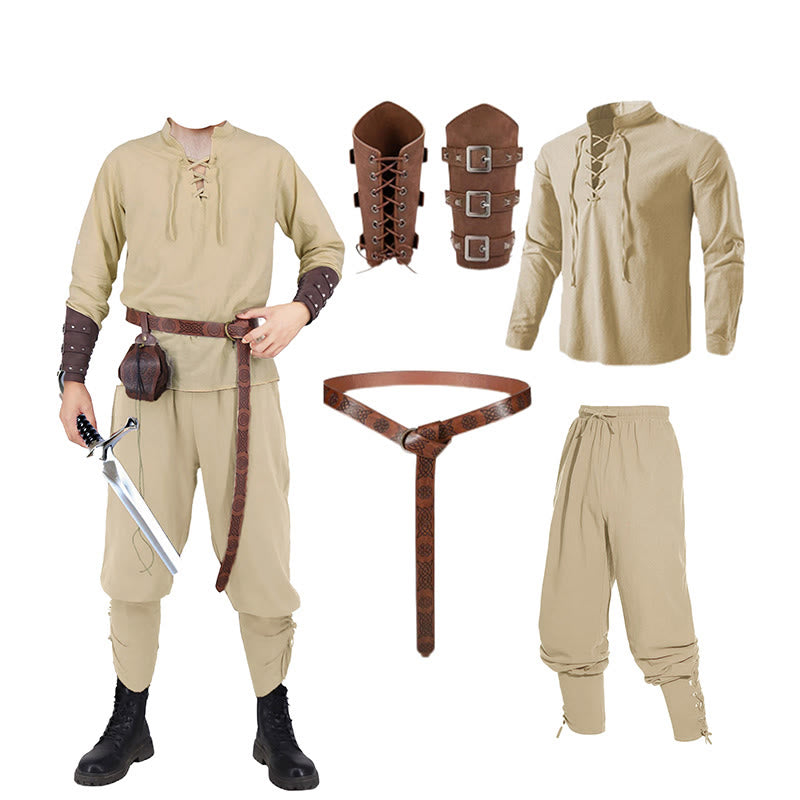 WorldNorse Mittelalterliches nordisches Tunika-Kostümset, 4-teilig - Khakihemd + Khakihose + Gürtel + Handgelenkschutz - 3XL - image 4