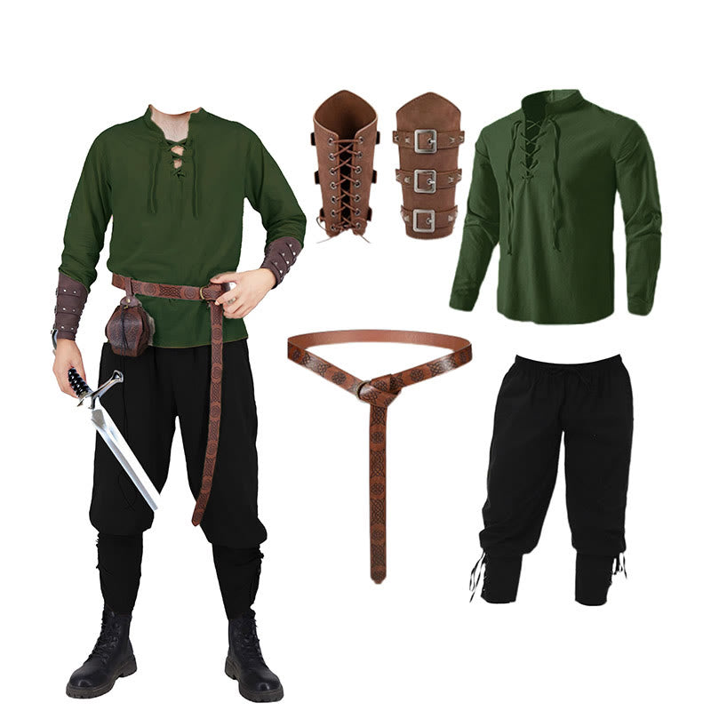 WorldNorse Mittelalterliches nordisches Tunika-Kostümset, 4-teilig - Grünes Hemd + schwarze Hose + Gürtel + Handgelenkschutz - 3XL - image 8
