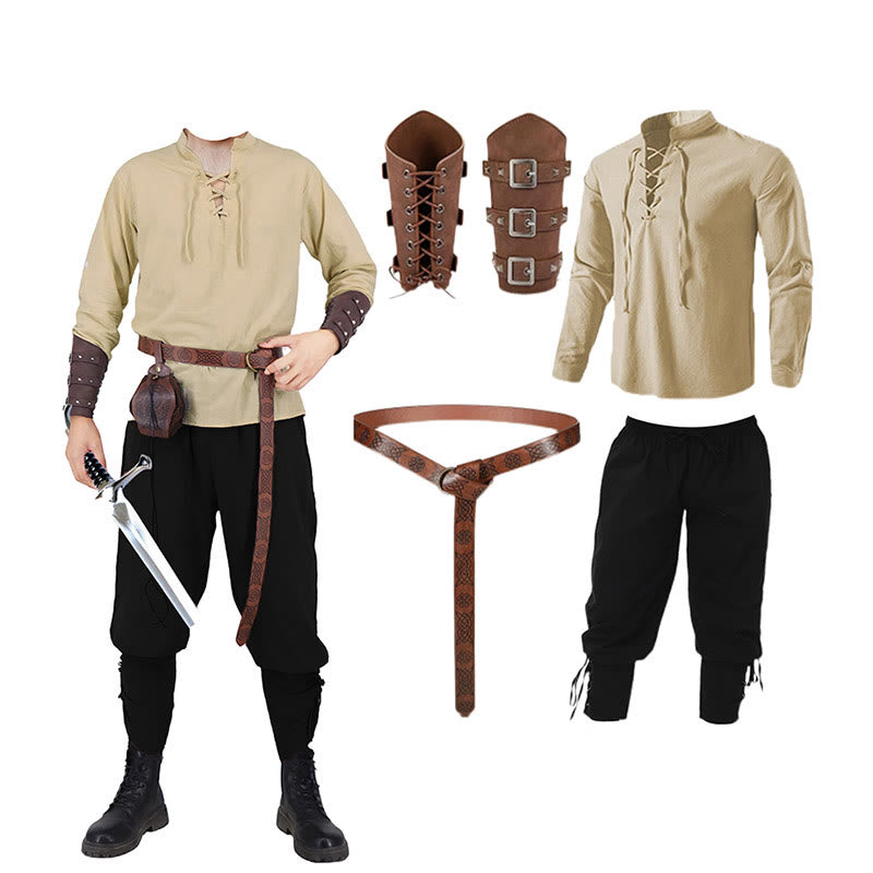 WorldNorse Mittelalterliches nordisches Tunika-Kostümset, 4-teilig - Khakihemd + schwarze Hose + Gürtel + Handgelenkschutz - 3XL - image 2