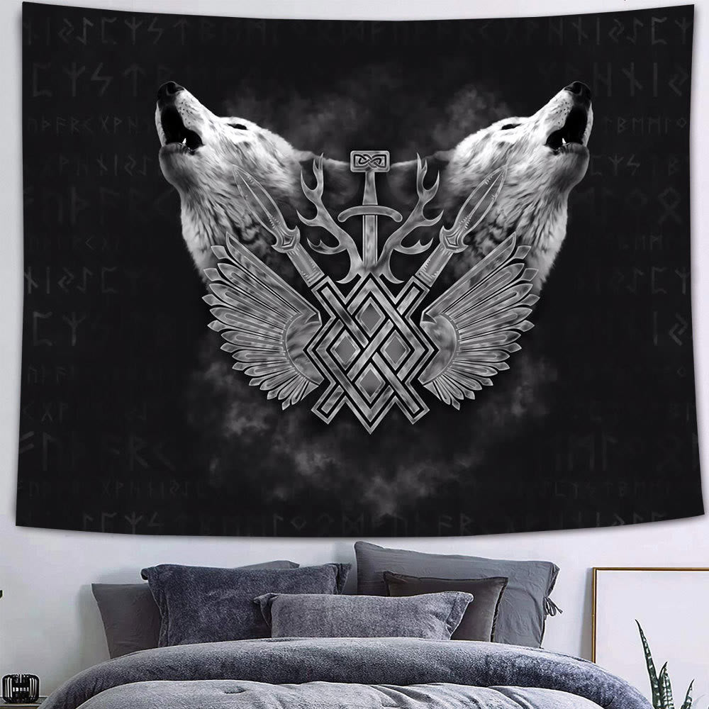 WeltNordischer Wikinger-Wölfe- Rune -Wandteppich - Wölfe - Flanellstoff - 340X180cm - image 7