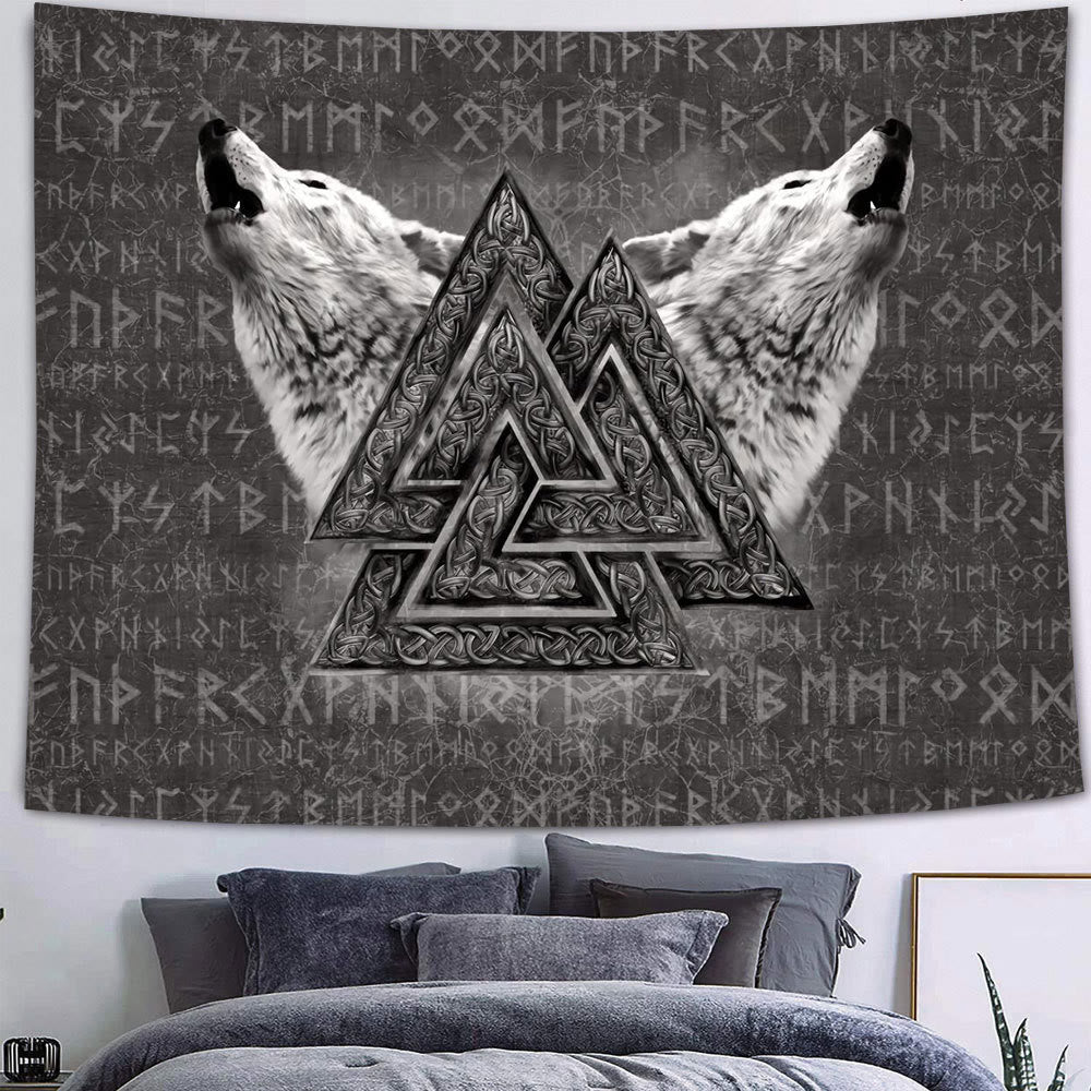 WeltNordischer Wikinger-Wölfe- Rune -Wandteppich - Valknut - Flanellstoff - 340X180cm - image 0