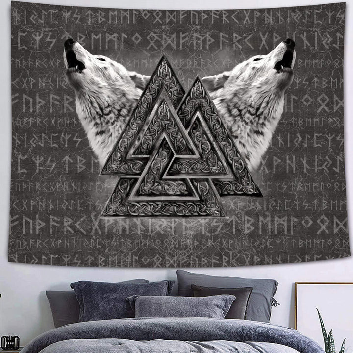 WeltNordischer Wikinger-Wölfe- Rune -Wandteppich - Valknut - Flanellstoff - 340X180cm - image 0