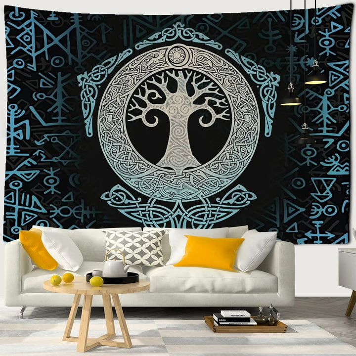WorldNorse Mjölnir Yggdrasil Vegvisir Wandteppich