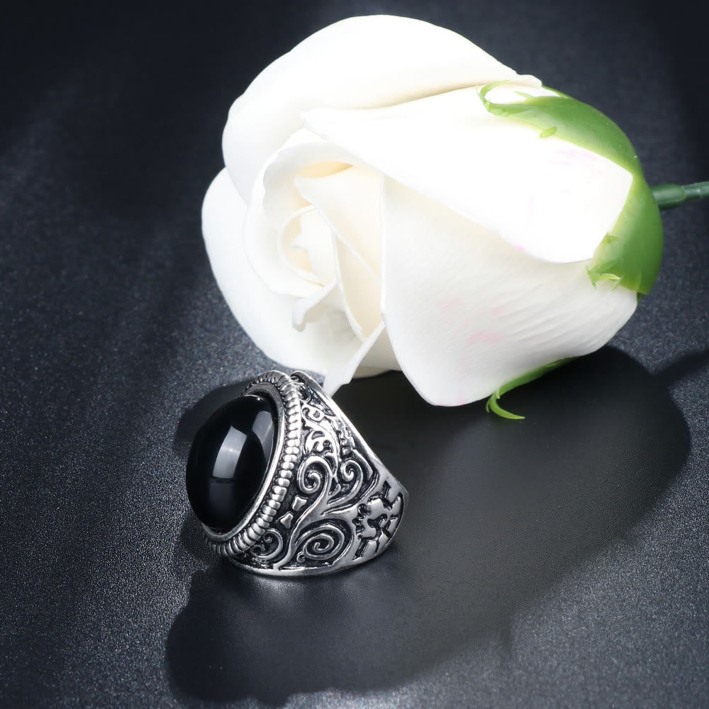 WorldNorse Vintage-Ring aus Titanstahl mit schwarzem Stein