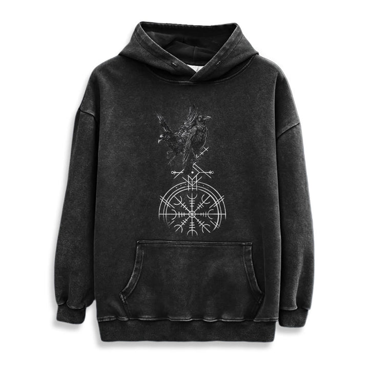 WorldNorse Gothic Raven Vegvisir Print verwaschener Kapuzenpullover - image 3