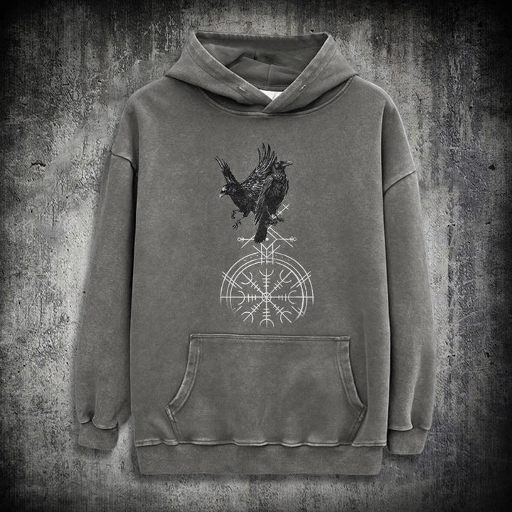 WorldNorse Gothic Raven Vegvisir Print verwaschener Kapuzenpullover - Grau - 3XL - image 13