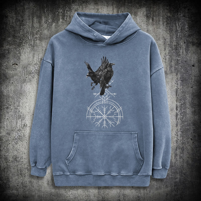 WorldNorse Gothic Raven Vegvisir Print verwaschener Kapuzenpullover - Blau - 3XL - image 19