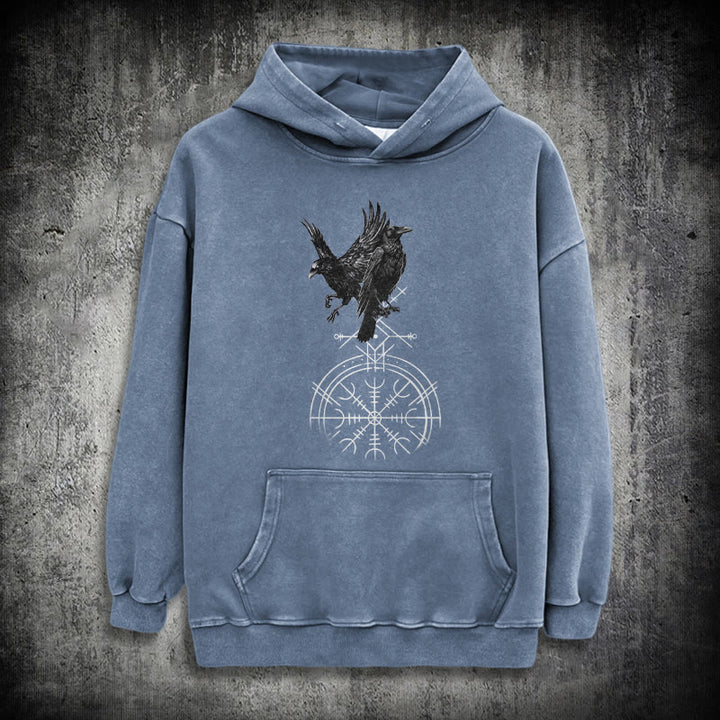 WorldNorse Gothic Raven Vegvisir Print verwaschener Kapuzenpullover - Blau - 3XL - image 19