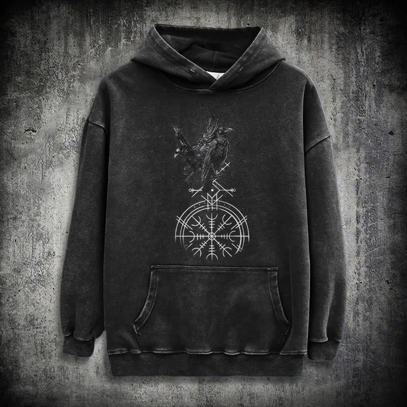 WorldNorse Gothic Raven Vegvisir Print verwaschener Kapuzenpullover - Schwarz - 3XL - image 1