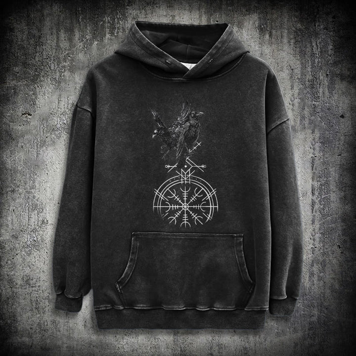 WorldNorse Gothic Raven Vegvisir Print verwaschener Kapuzenpullover - Schwarz - 3XL - image 1