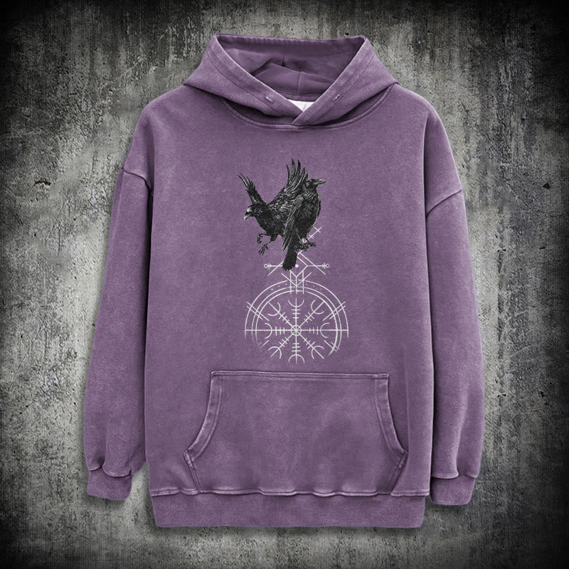 WorldNorse Gothic Raven Vegvisir Print verwaschener Kapuzenpullover - Lila - 3XL - image 34