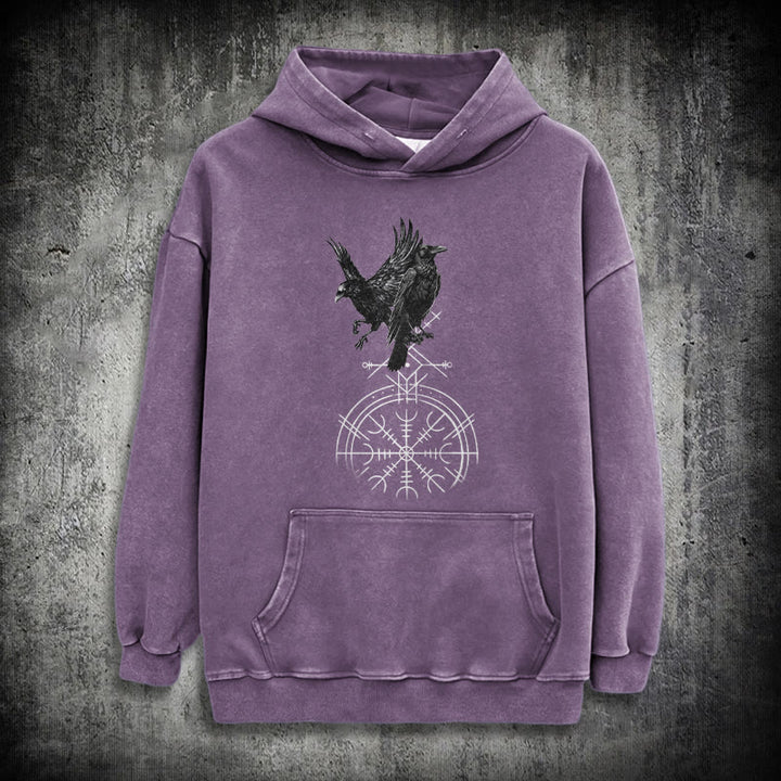 WorldNorse Gothic Raven Vegvisir Print verwaschener Kapuzenpullover - Lila - 3XL - image 34