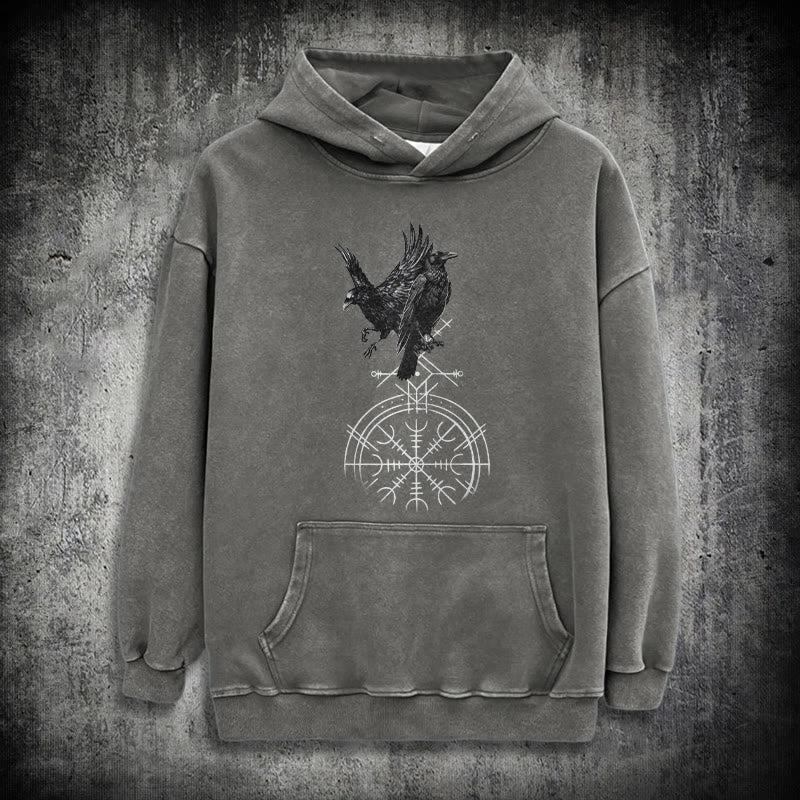 WorldNorse Gothic Raven Vegvisir Print verwaschener Kapuzenpullover - Grau - 3XL - image 12