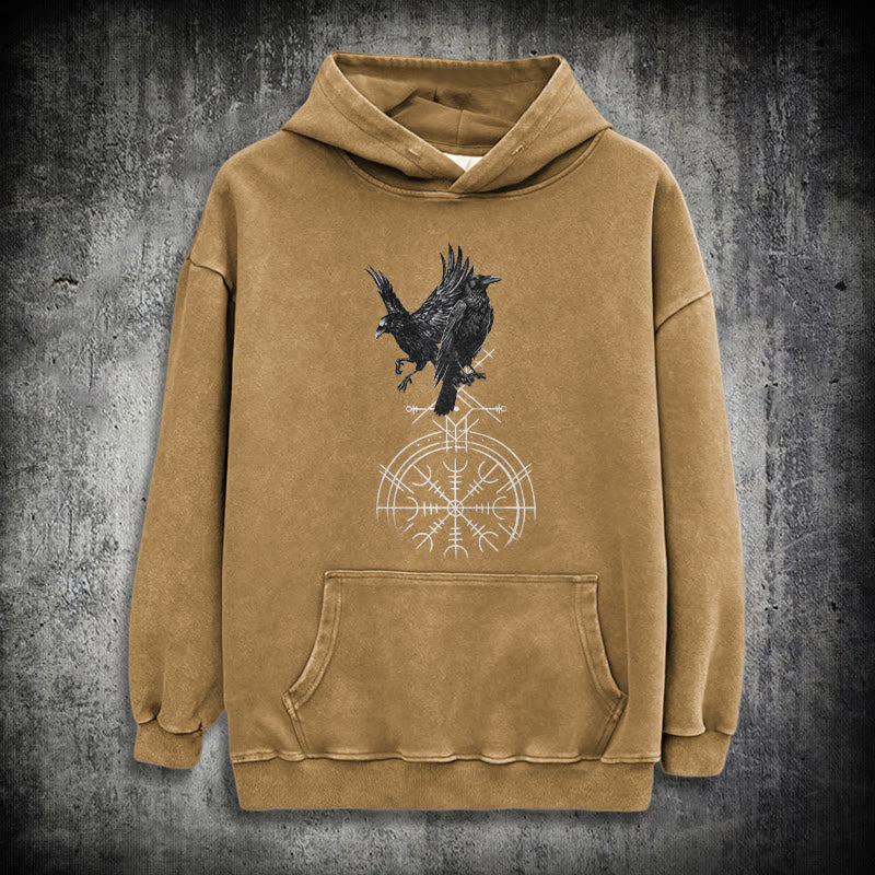 WorldNorse Gothic Raven Vegvisir Print verwaschener Kapuzenpullover - Khaki - 3XL - image 27