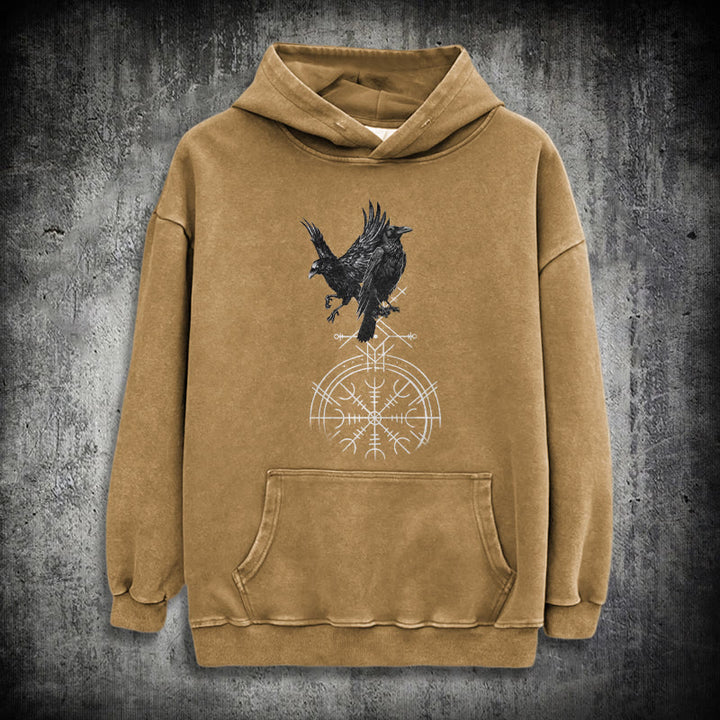 WorldNorse Gothic Raven Vegvisir Print verwaschener Kapuzenpullover - Khaki - 3XL - image 26