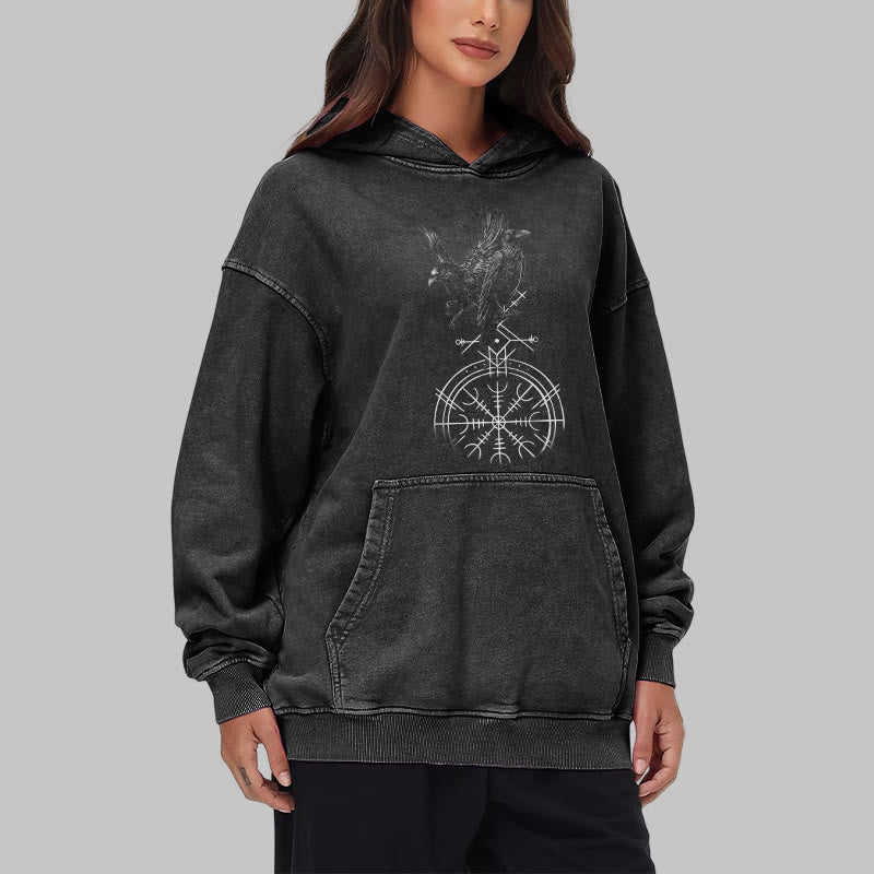 WorldNorse Gothic Raven Vegvisir Print verwaschener Kapuzenpullover - image 9